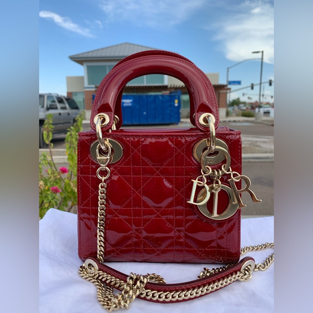 Christian Dior Mini Lady Dior Cherry Red Patent Leather Cannage Bag